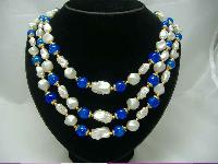 1950s 3 Row Faux Pearl & Blue Bead Necklace Nice Clasp