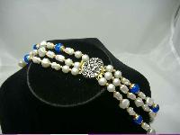 1950s 3 Row Faux Pearl & Blue Bead Necklace Nice Clasp