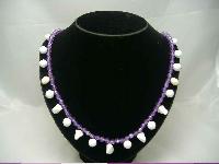 Vintage 50s Purple Lucite & White Bead Drop Necklace