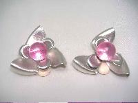 1980s Large Silver & Pink Lucite Flower Clip Earrings