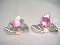 1980s Large Silver & Pink Lucite Flower Clip Earrings