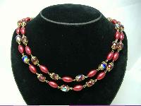 1950s 2  Row Red AB Crystal Glass & Pearl Bead Necklace
