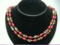 1950s 2  Row Red AB Crystal Glass & Pearl Bead Necklace