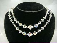 Vintage 1950s Two Row AB Crystal Glass Bead Necklace Diamante Clasp