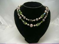 1950s 2 Row Faux Pearl & Green Art Glass Bead Necklace