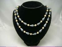 1950s Long 2 Row Grey & Cream Faux Pearl Bead Necklace