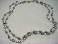 1950s Long 2 Row Grey & Cream Faux Pearl Bead Necklace