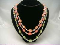 1950s 3 Row Green & Coral Pearl & Crystal Bead Necklace