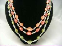 1950s 3 Row Green & Coral Pearl & Crystal Bead Necklace