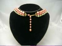 1950s 3 Row Green & Coral Pearl & Crystal Bead Necklace