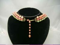 1950s 3 Row Green & Coral Pearl & Crystal Bead Necklace