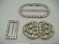 Vintage 70s Three Sparkling Diamante Silver Buckles FAB