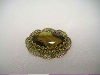 Vintage 50s Large Moss Green Agate Glass and Diamante Scallop Brooch