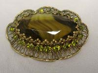 Vintage 50s Large Moss Green Agate Glass and Diamante Scallop Brooch